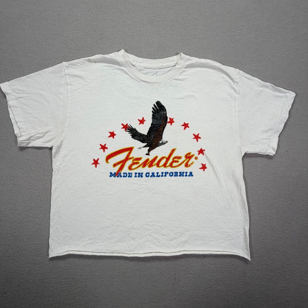 Fender Graphic T-Shirt Womens Medium Good White Vintage Cropped Raw Hem Eagle